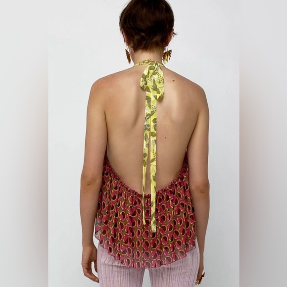 NWT ZARA Halter Neck Multicolored Printed Top Metallic Layer 7720/025 Size XL - Picture 4 of 14